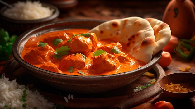 Frango tikka masala caril picante comida de carne em um prato de barro com arroz e pão naan em fundo de madeira Generative AI