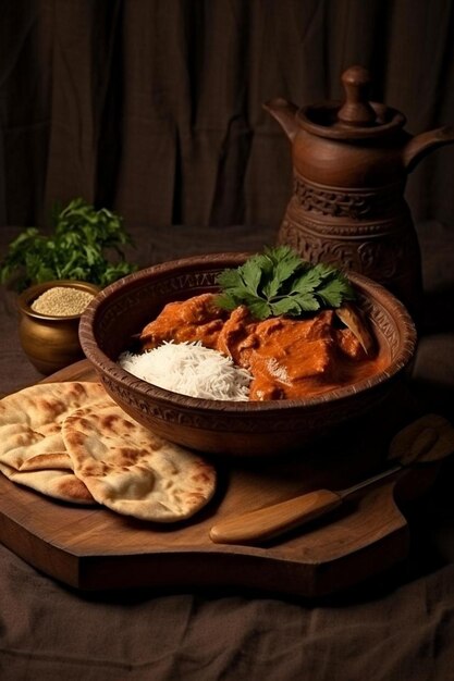 frango tikka masala curry picante comida de carne em um prato de barro com arroz e pão naan em madeira