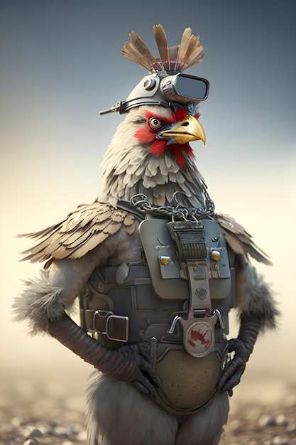 Frango zangado com capacete militar