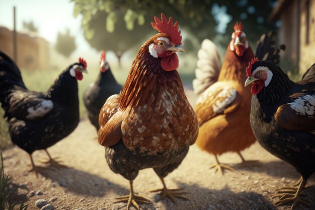 Frangos em uma granja tradicional de galinhas caipiras um bando de galinhas pastando na grama Geração de IA