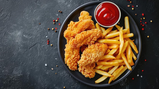 Franjas tiernas de pollo panado con papas fritas y ketchup de tomate en un plato Fondo oscuro Vista superior