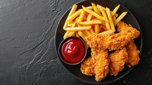 Foto franjas tiernas de pollo panado con papas fritas y ketchup de tomate en un plato fondo oscuro vista superior