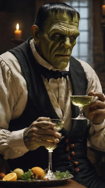 Frankenstein segurando um copo de vinho