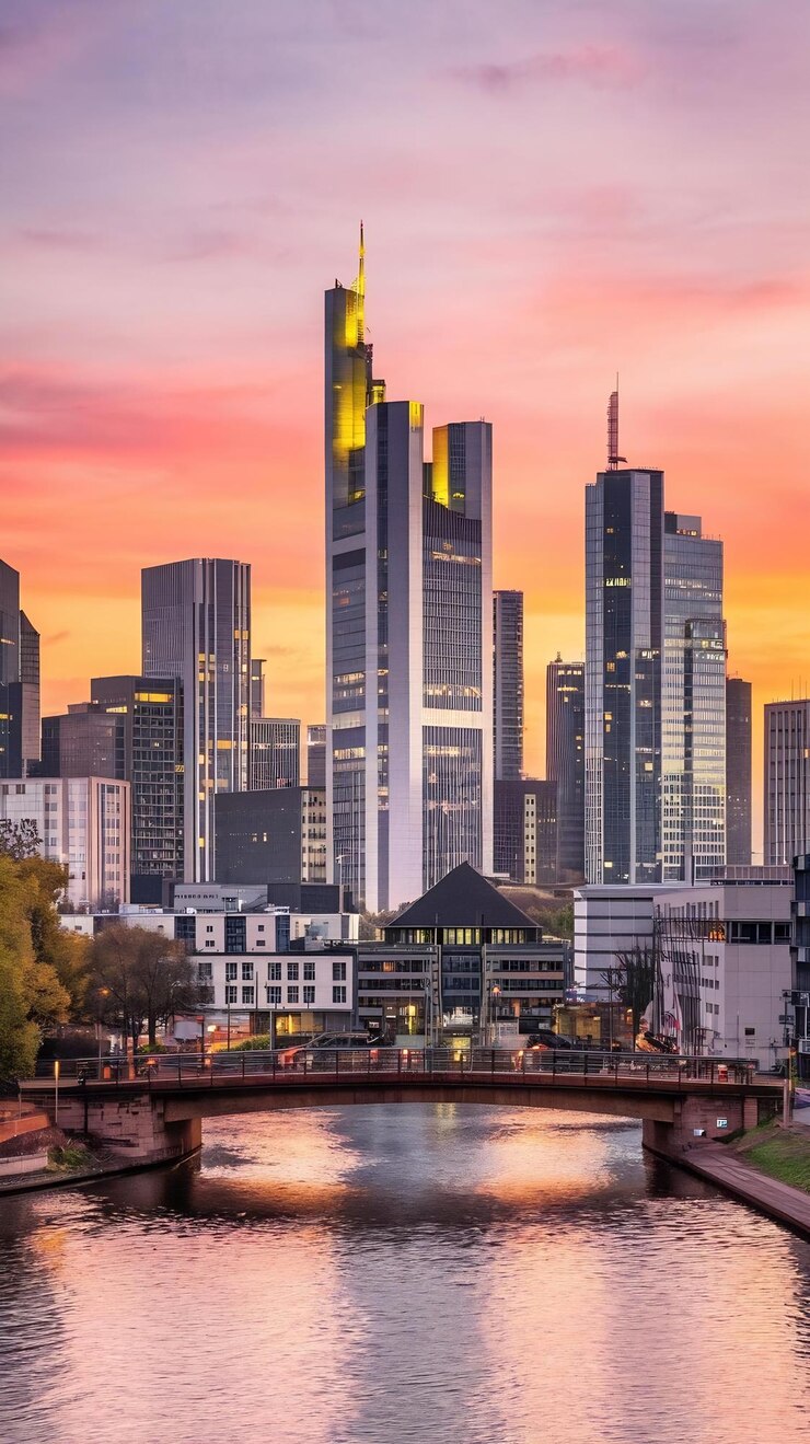 Foto frankfurter skyline bei sonnenuntergang mit blick auf das finanzviertel hessen deutschland