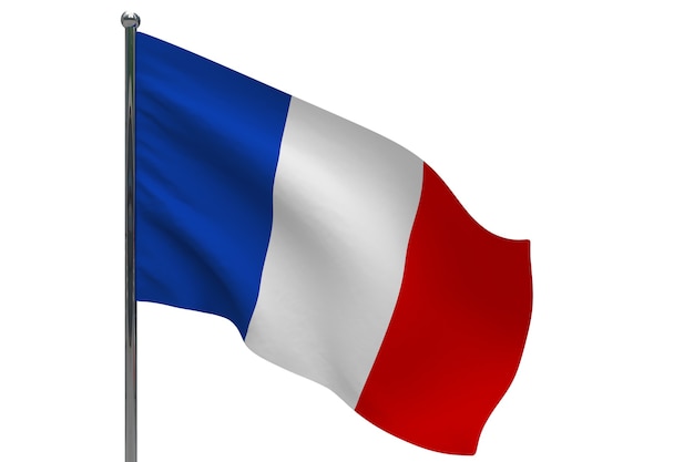 Frankreich Flagge auf der Pole. Fahnenmast aus Metall. Nationalflagge von Frankreich 3D-Illustration auf Weiß