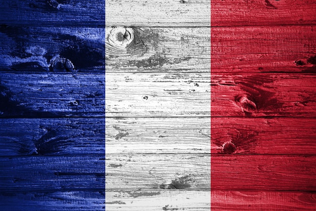 Frankreich-Flagge auf Holzbohlen Hintergrund Holzfahne