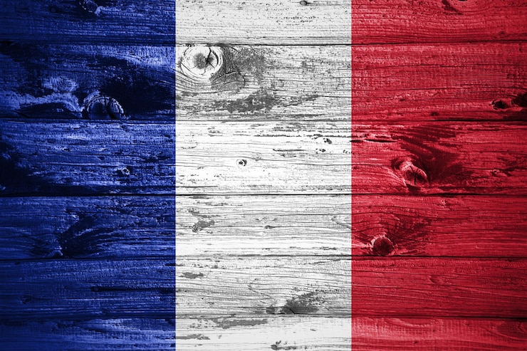 Foto frankreich-flagge auf holzbohlen hintergrund holzfahne