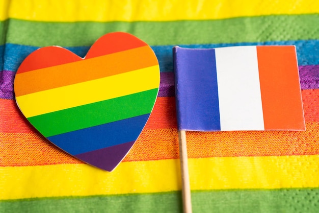 Frankreich-Flagge auf Regenbogenhintergrund Flaggensymbol der LGBT-Gay-Pride-Monat-sozialen Bewegung Regenbogenflagge ist ein Symbol für lesbische schwule bisexuelle Transgender-Menschenrechtstoleranz und Frieden
