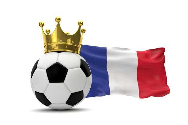 Frankreich-Flagge und Fußball mit goldener Krone 3D-Rendering