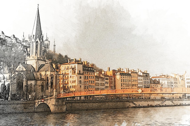 Frankreich Lyon Farbbleistift Landschaft
