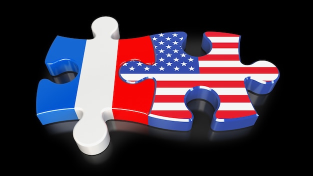 Frankreich- und USA-Flaggen auf Puzzleteilen. Politisches Beziehungskonzept. 3D-Rendering