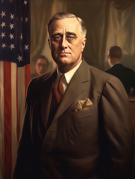 Frankriln D Roosevelt fica com fundo de bandeira americana