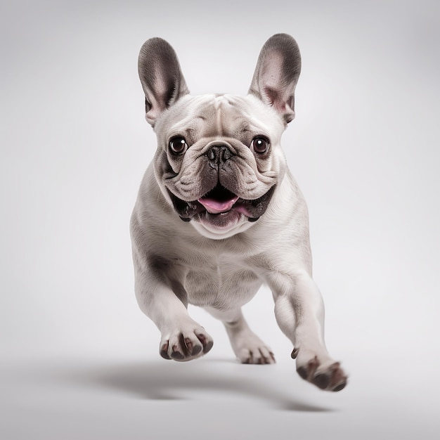 FRANZÖSISCHE BULLDOGGE LÄUFT VOR DER KAMERA WEISSE STUDIOFOTOGRAFIE