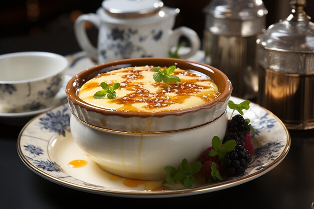 Französisch gebackener Pudding in einer Porzellanschüssel auf dem Tisch