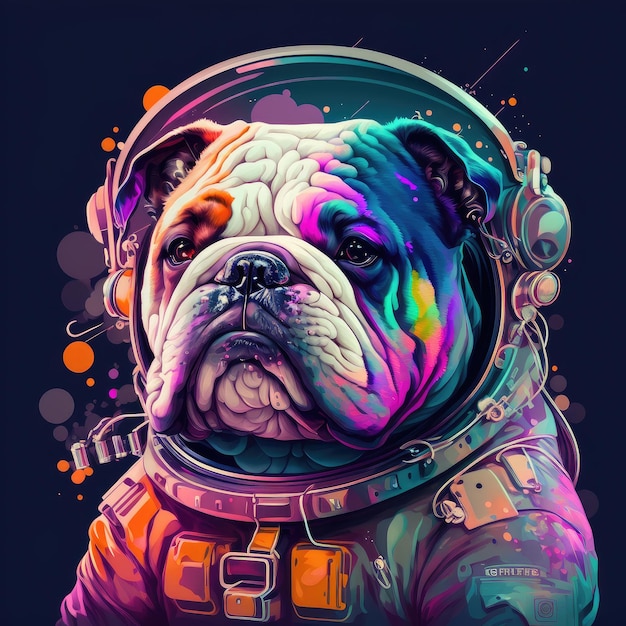 Französische Bulldogge des Astronauten im Raumanzug mit futuristischem Weltraumhintergrund im Weltraum