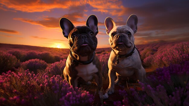 Französische Bulldogge in einem Blumenfeld bei Sonnenuntergang