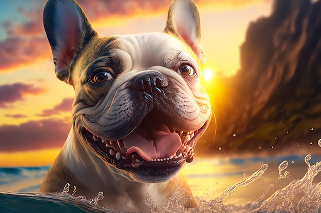 Französische Bulldogge mit weißem Lächeln, glückliches Surfen auf Hawaii. Generiert von AI