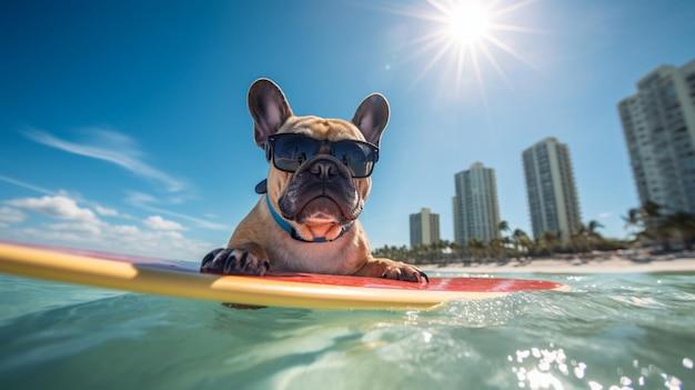 Französische Bulldogge surft am Meeresstrand mit Sonnenbrillenbildern, KI-generierte Kunst