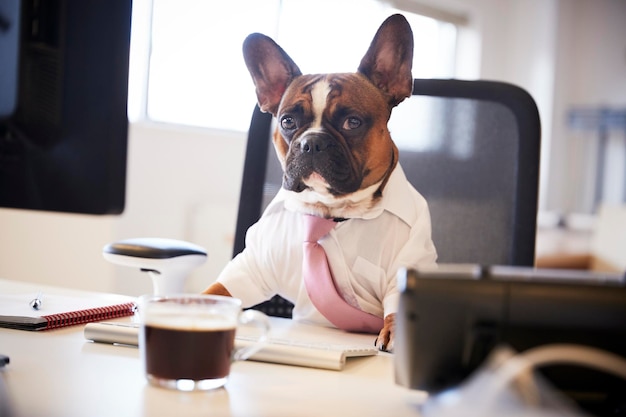 Französische Bulldogge verkleidet als Geschäftsmann am Schreibtisch am Computer arbeitet