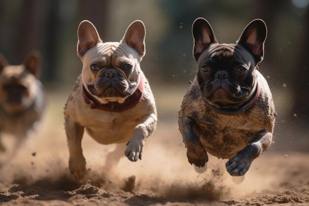 Französische Bulldoggen, die in einem Rennen laufen, konzentrieren sich selektiv auf den Hund