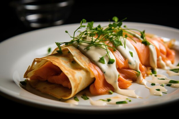 Französische dreieckige Crêpe-Pfannkuchen mit Lachs und Kräutern auf einem Teller in einem Café