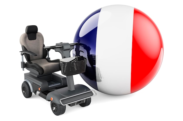 Französische Flagge mit 3D-Rendering von Powerchair oder elektrischem Rollstuhl auf weißem Hintergrund