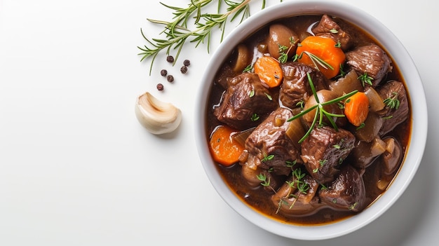 Französische Küche Boeuf Bourguignon mit Kopierraum und isoliert auf weißem Hintergrund