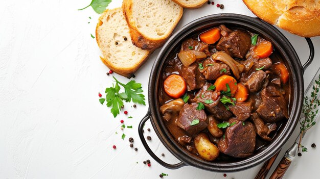 Französische Küche Boeuf Bourguignon mit Kopierraum und isoliert auf weißem Hintergrund