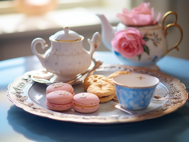 Französische Makronen auf einem Porzellanteller mit einer Tasse Kaffee