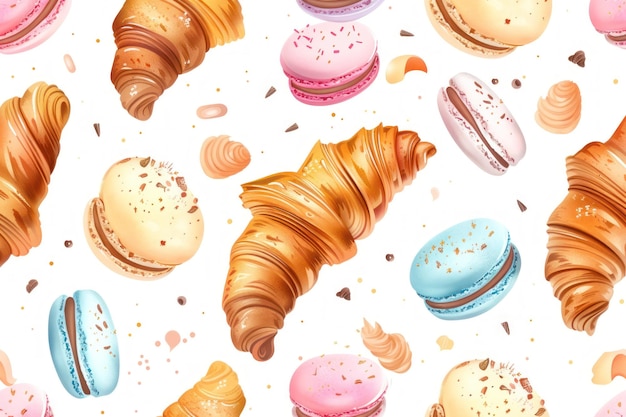 Französische Patisserie süße Croissants und Macarons auf einfacher Hintergrundtapete für Bäckereien oder Konditorei