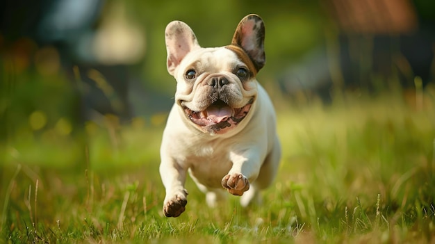 Französischer Bulldog läuft im Freien auf einem großen Grasfeld