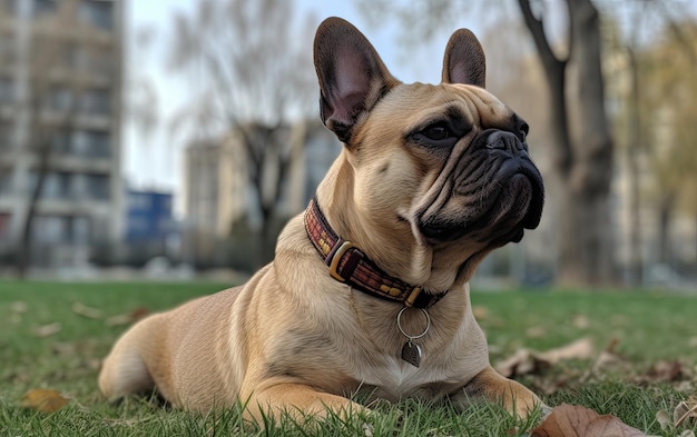 Foto französischer bulldog sitzt im park auf dem gras.