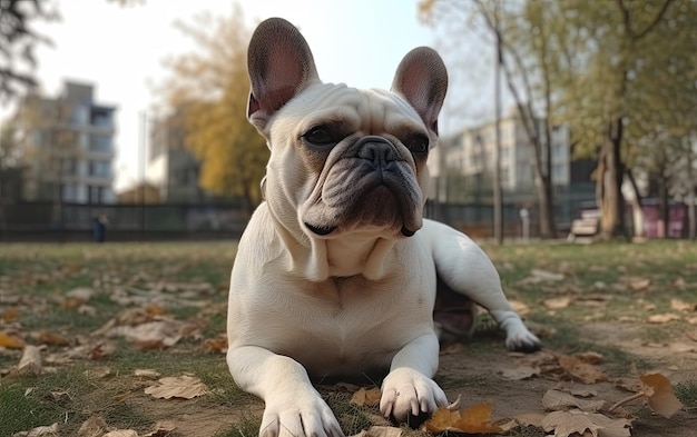 Foto französischer bulldog sitzt im park auf dem gras.