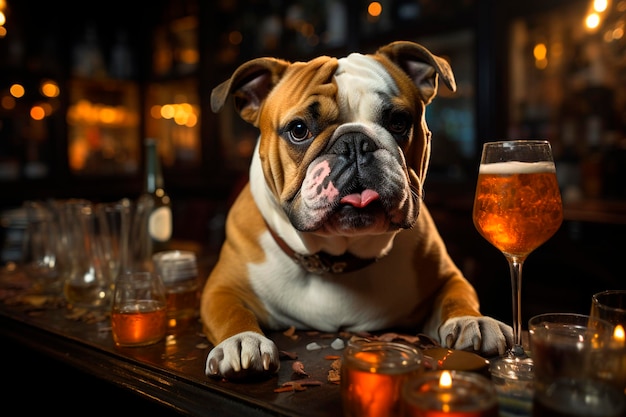 Französischer Bulldoggenhund mit einem Glas Weißwein auf dunklem Hintergrund. Generative KI