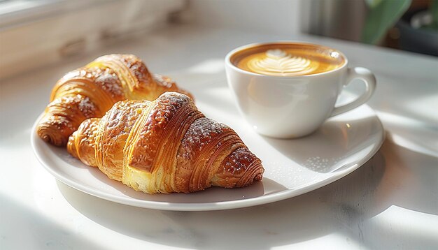 Französischer Croissant auf einem weißen Tisch mit einem Cappuccino in einem Hotel in Frankreich Croissant ist ein schuppiges und butteriges