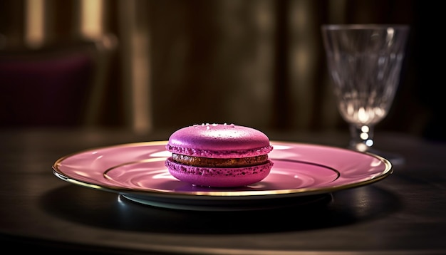 Französischer Gourmet-Dessertstapel auf einem eleganten rosa Teller, generiert von KI