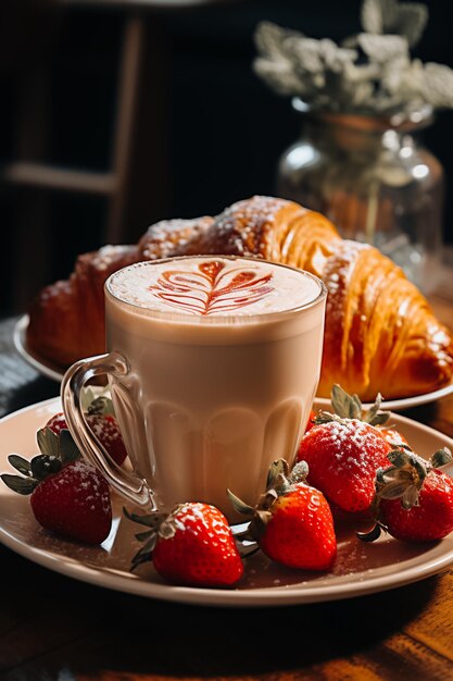 Foto französisches croissant frisches gebäck mit erdbeeren und eine tasse kaffee latte köstliches frühstück