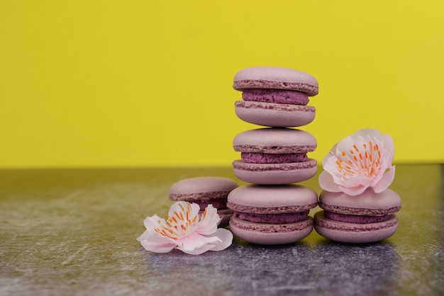 französisches macaron Keksenachtisch-Rosaflieder auf einem gelben Hintergrund mit rosa Blumen