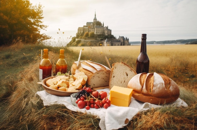 Französisches Picknick im Herbst mit dem Mont Saint-Michel im Hintergrund Generative KI