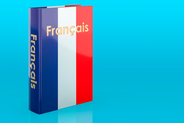 Französischkurs Französischlehrbuch auf blauem Hintergrund 3D-Rendering
