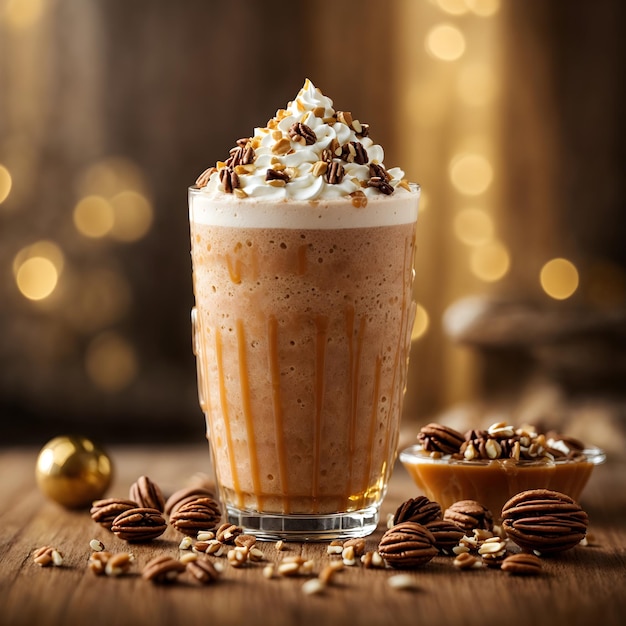 Frappe com caramelo e nozes em fundo dourado