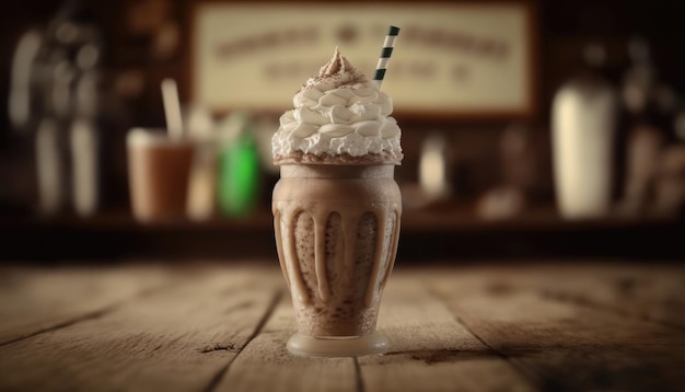 Foto frappuccino auf stein, verschwommener hintergrund, rustikale kneipe, generative ki