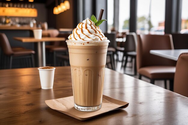 Frappuccino helado en una mesa en una cafetería