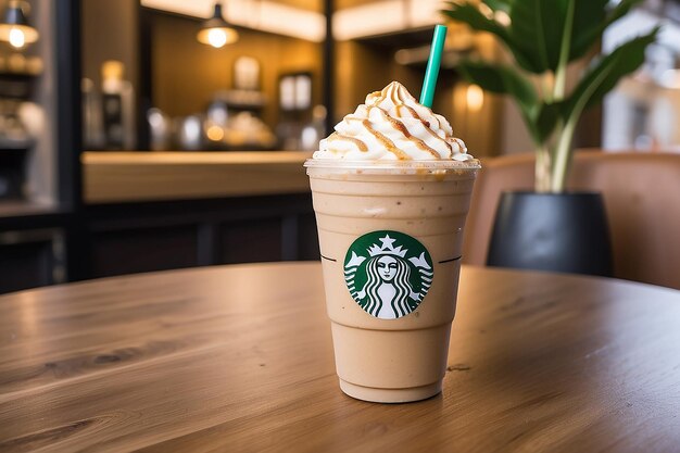 Foto frappuccino misturado com gelo numa mesa num café.