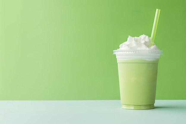 Frappucino de chá verde com chantilly em um copo para viagem isolado em fundo verde