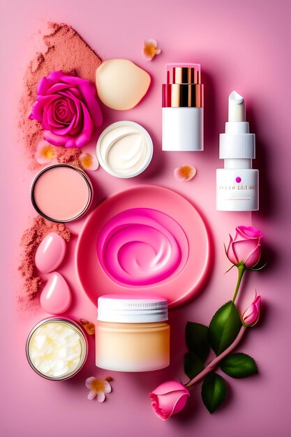 Foto frasco abierto de crema cosmética botella de cosméticos blancos pétalos de rosa y rosa sobre fondo rosa