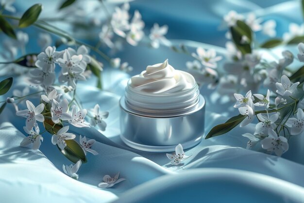 Un frasco abierto de crema para el cuidado de la piel Illia se encuentra elegantemente rodeado de flores blancas frescas sobre un fondo azul sedoso