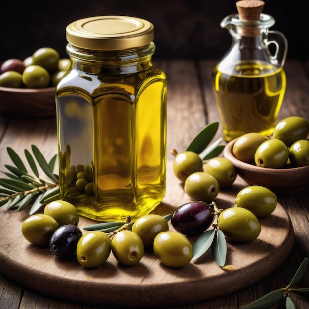 Un frasco de aceite de oliva colocado al lado de una colección de aceitunas