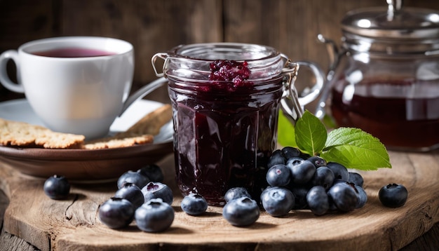 Un frasco de arándanos y una taza de café en una mesa