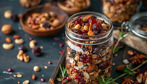 un frasco de avena con bayas y bayas secas